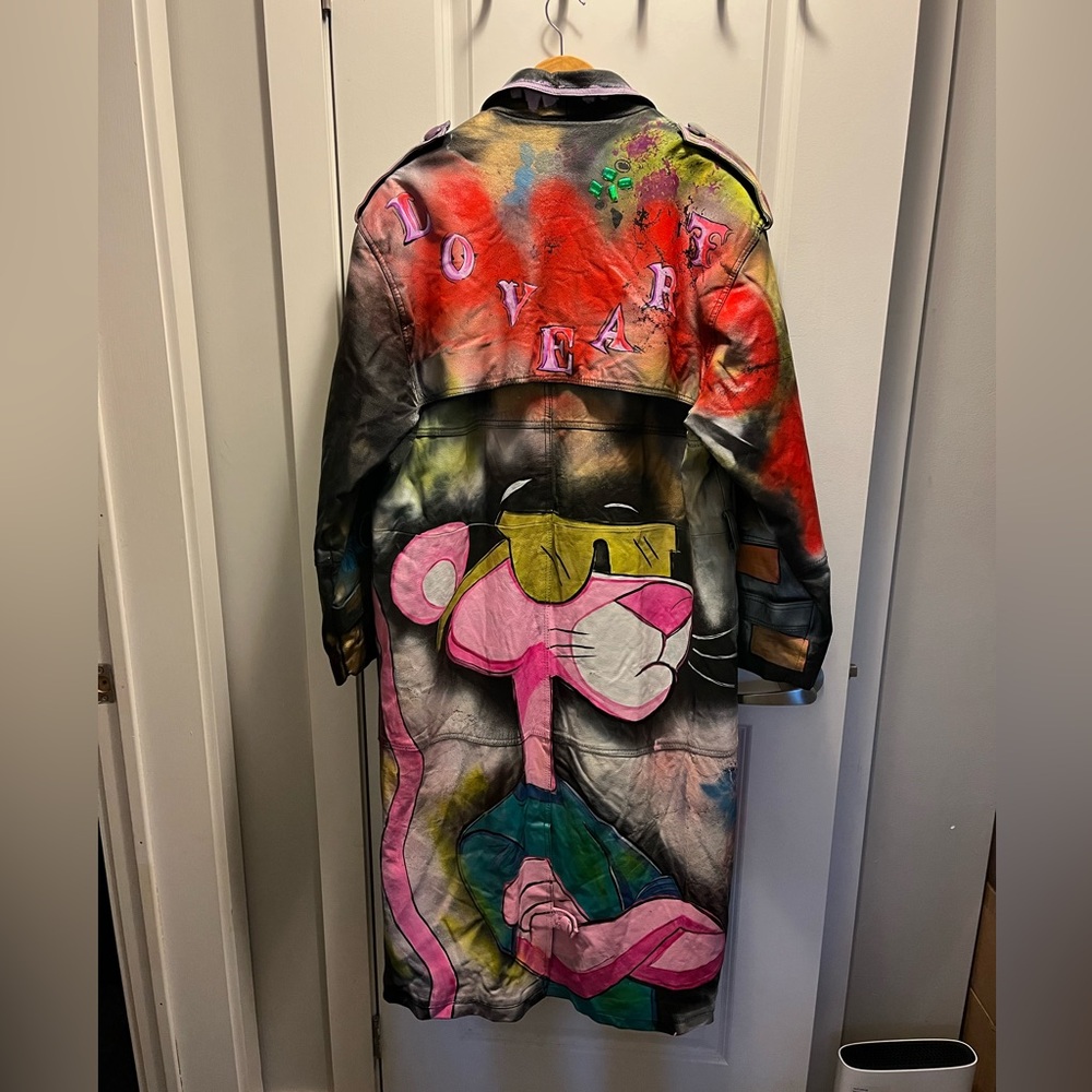 Custom Hand Painted Pink Panther Leather Trench Coat